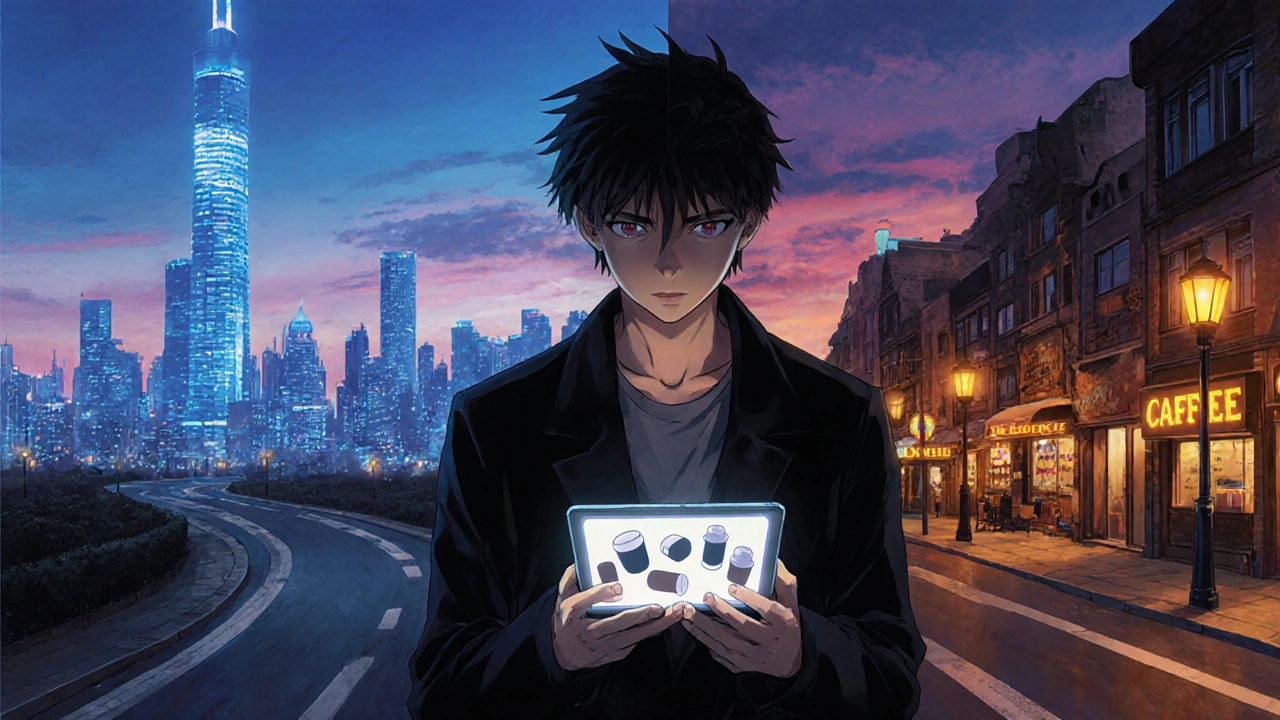 Aikuinen seisoo kahdella polulla, taustalla kaupunki ja kahvilakatu.