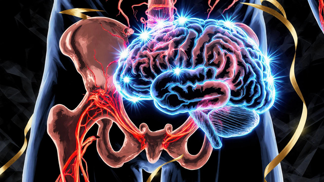 Anatominen leikkauskuva miehen lantion ja aivojen serotoniinivirtauksesta.