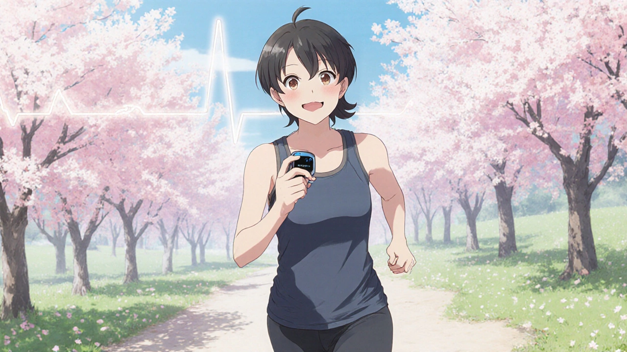 Diabetesta kärsivä potilas tarkkailee verensokeria ja harrastaa liikuntaa, hymyillen.