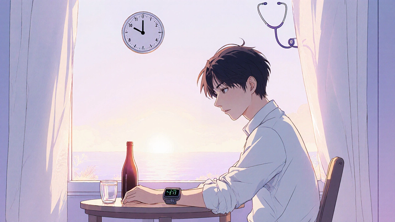 Henkilö mittaa pulssia aamulla, vieressä vesilasi, suljettu viinipullo ja kello osoittaa kahdeksan tuntia odotusta.