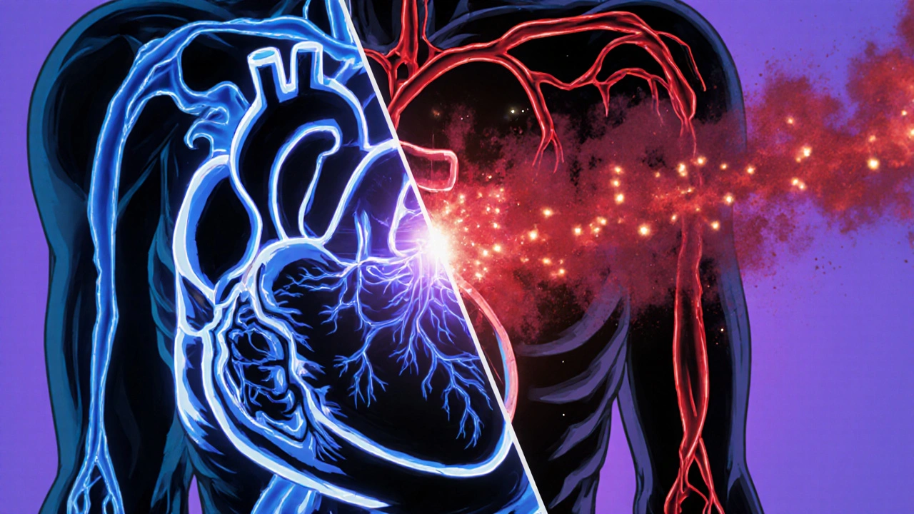 Jaettu kuva sydämen hidastavasta vaikutuksesta bisoprololiin ja alkoholista johtuvasta sykkeen kiihtymisestä.