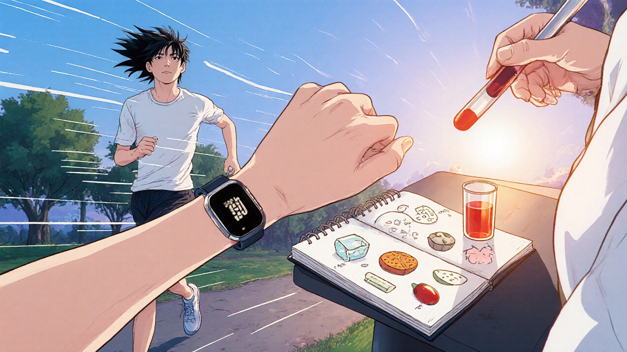 Juoksija, kuntoiluranneke, ruokapäiväkirja ja verinäyte – terveyden seuranta anime‑kuvassa.