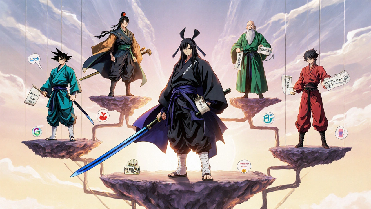 Lääkepersoona-hahmot vertailevat ominaisuuksia päätöspolulla.