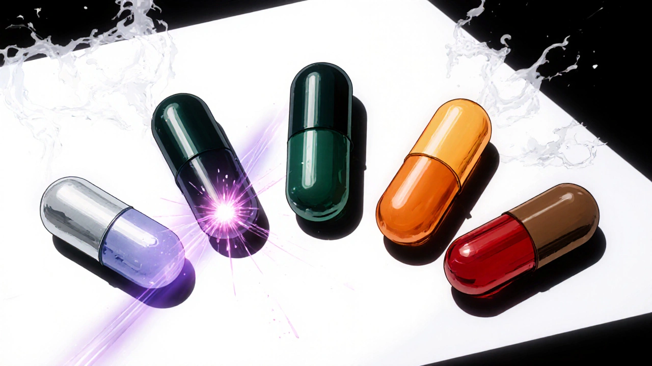 Laboratoriatason vierekkäin viisi erilaista kapselia, jokainen eri värinen.