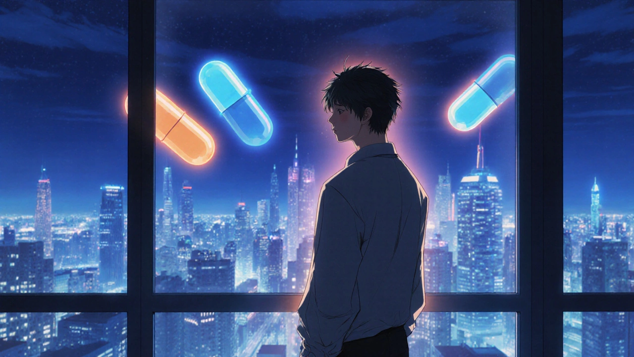 Mies seisoo ikkunan edessä, kaupunkinäkö takana, taustalla hopeiset tabletit.