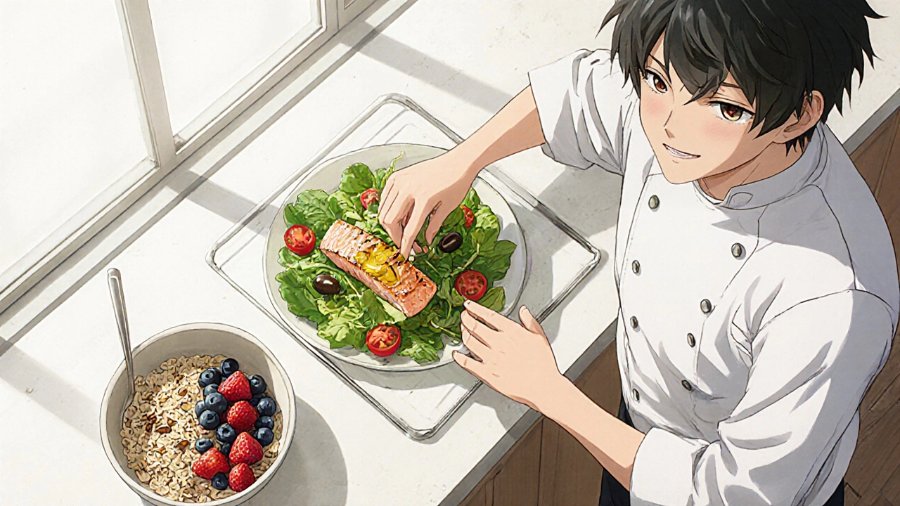 Värikäs keittiö, jossa salaatti, kala, oliiviöljy ja kaurapuuro – mediterraaninen ruokavalio anime‑tyyliin.