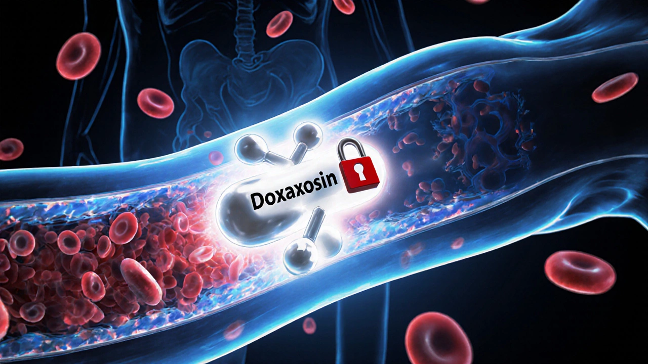 Verisuoni laajenee Doxazosinin vaikutuksesta, taustalla virtsarakko.