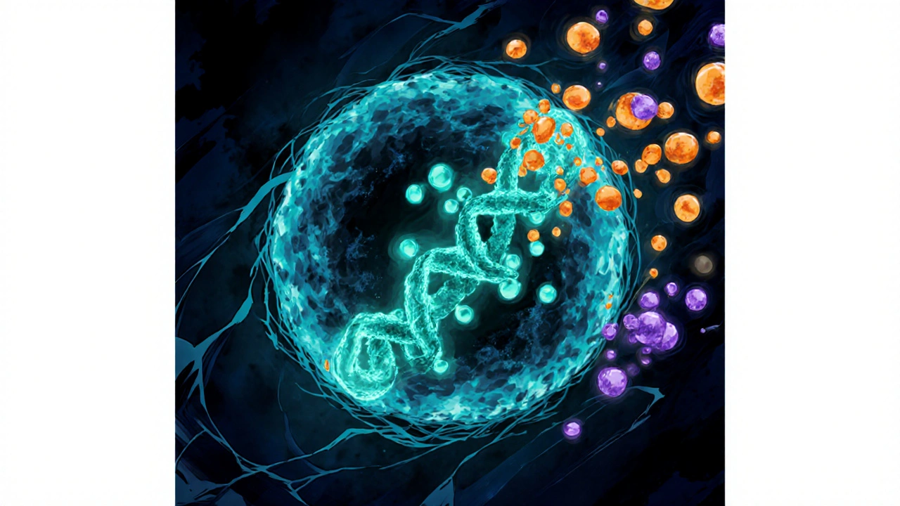 Aneroidinen bakteerisolu, DNA:n kiinnittyminen loistaviin Secnidazolin hiukkasiin.
