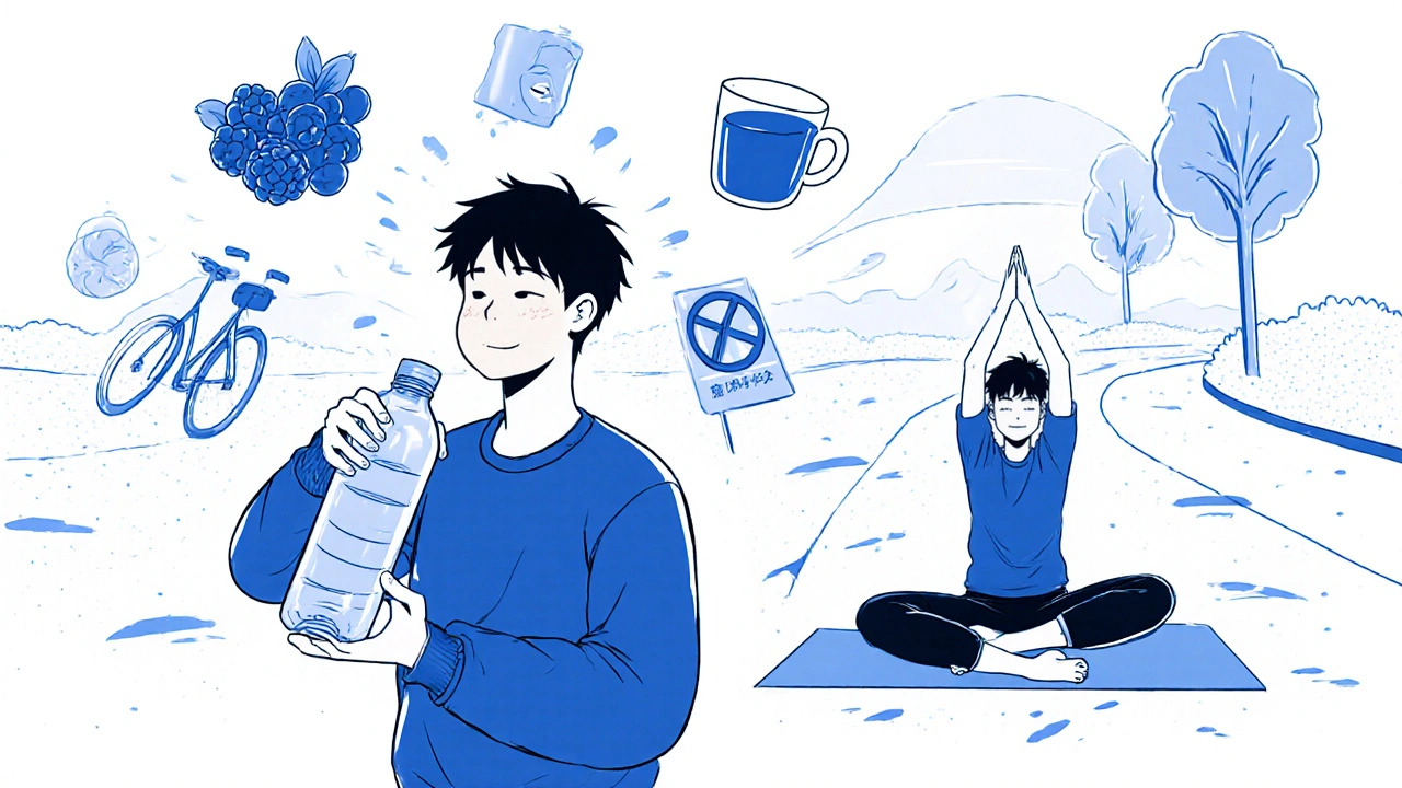 Henkilö juo vettä, syö marjoja ja tekee Malasana‑joogaliikettä.