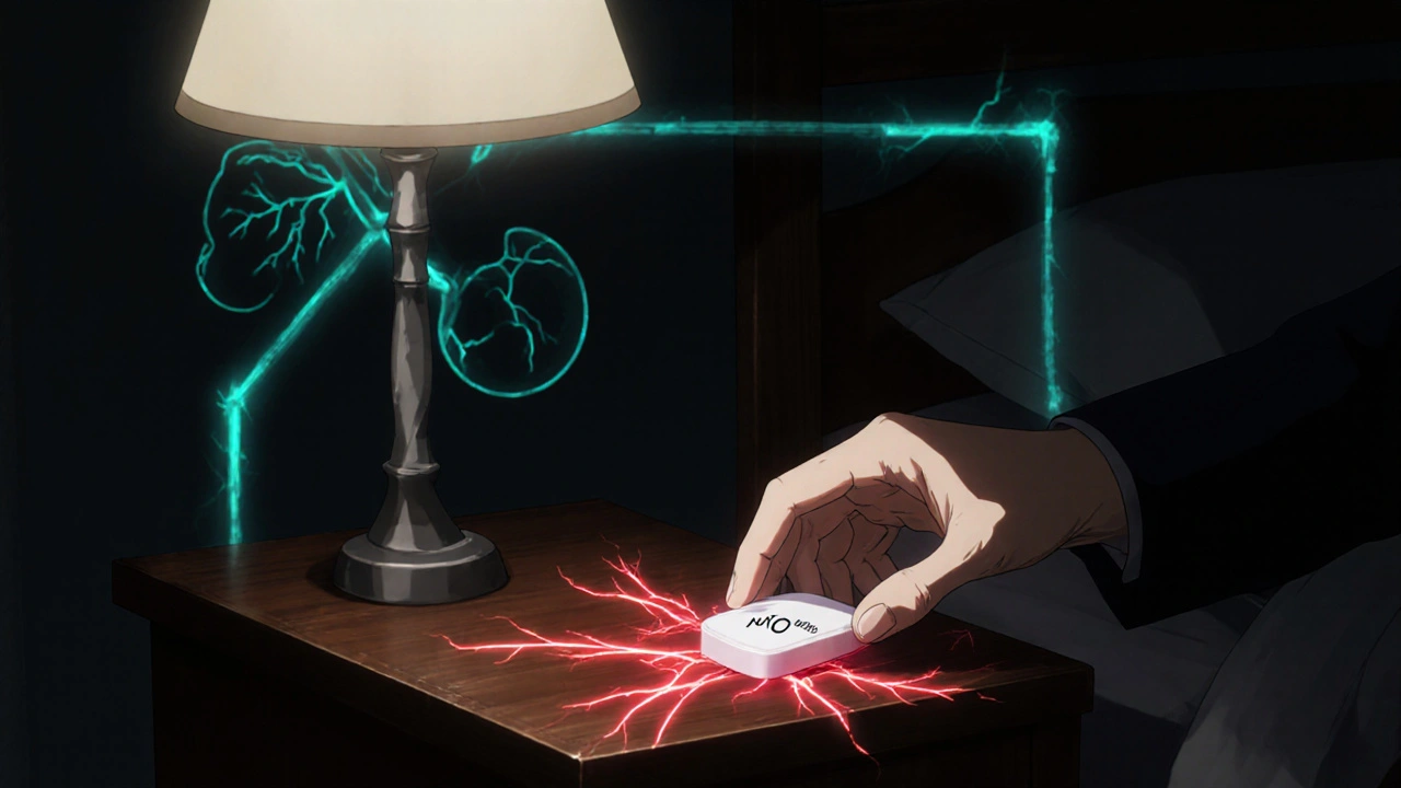 Käsissä avanafil-tabletti, ympärillä vilkkuvat verisuonet.