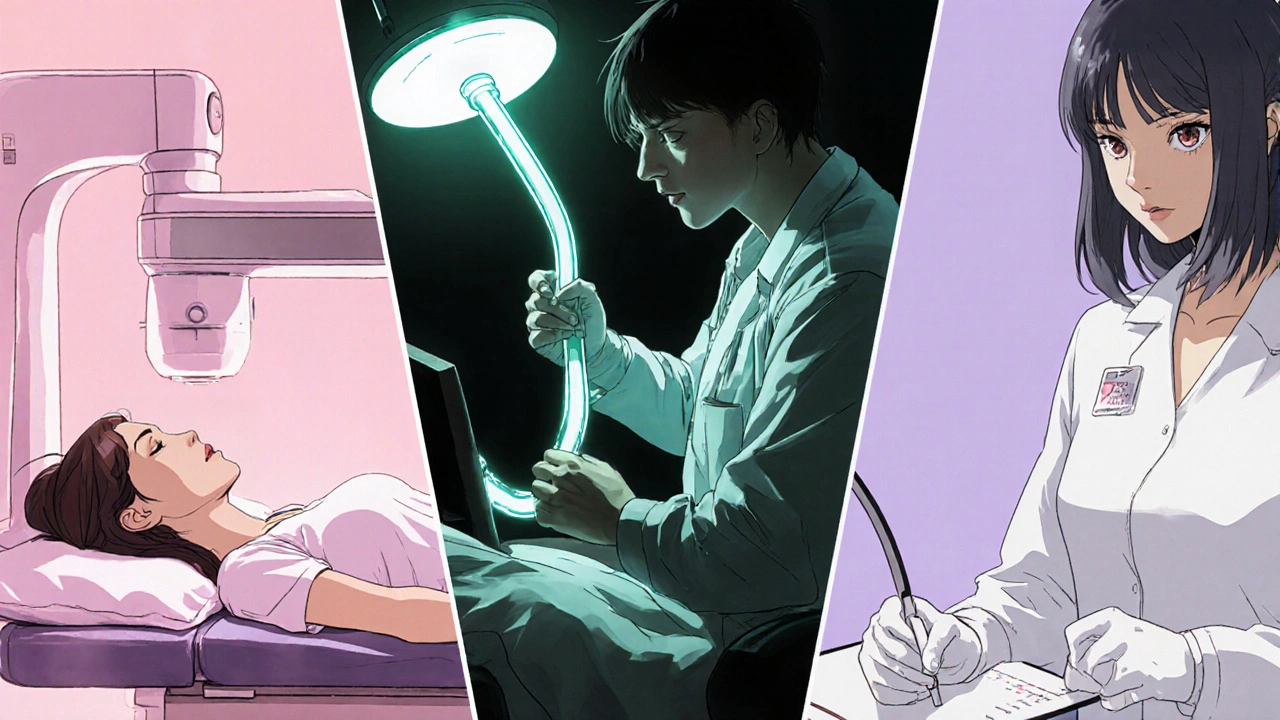 Kolme erilaista syöpäseulontaa – mammografia, kolonoskooppi ja pap-testi – esitetty anime-tyylisesti.