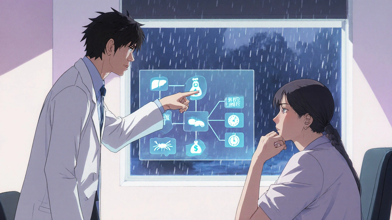 Lääkäri ja potilas keskustelevat päätöspuusta kliinisessä huoneessa.