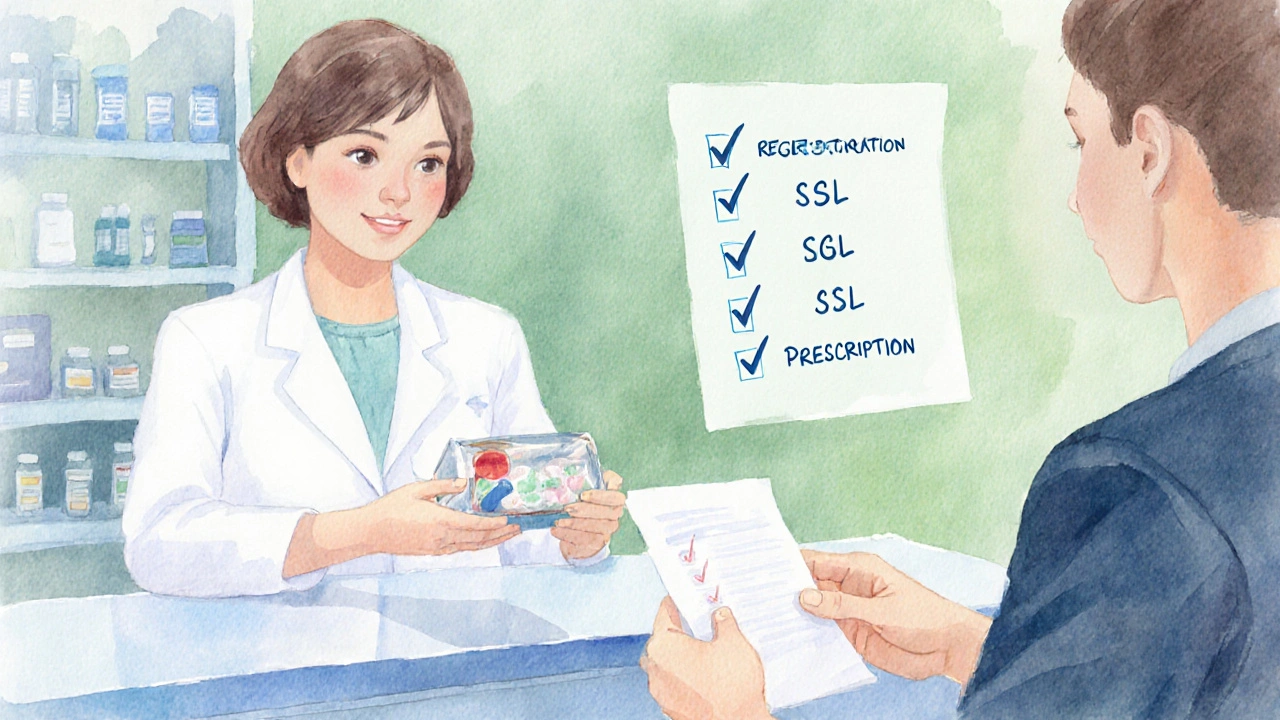 Lääkäri tai farmaseuti tarkistaa reseptiä ja pakkausta tarkistuslistalla.