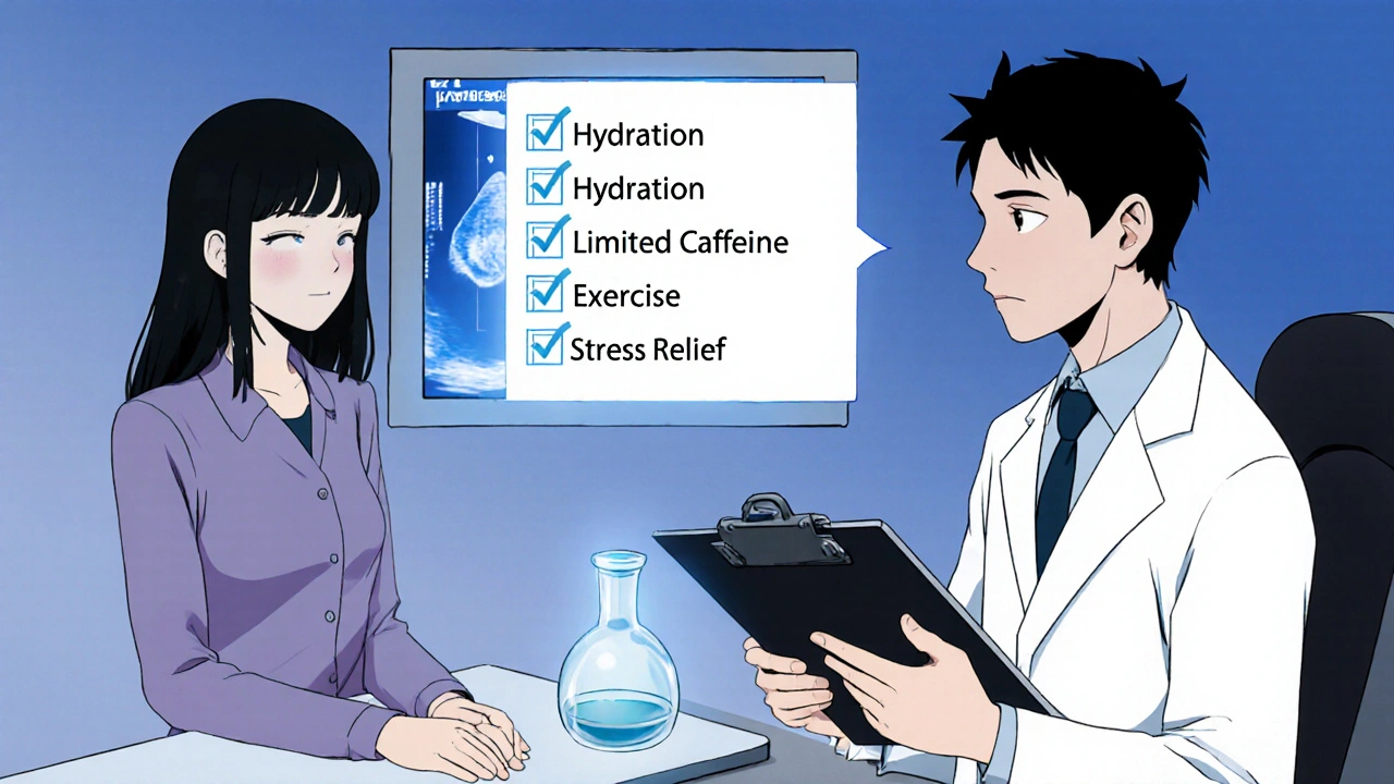 Lääkäri tarkastaa potilasta, taustalla ultraääni ja tarkistuslista.