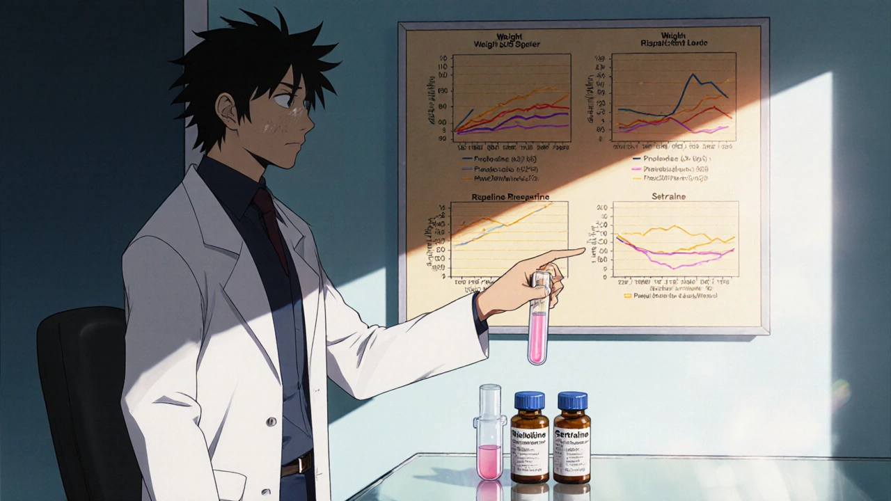 Lääkäri tarkastelee potilaan laboratoriotuloksia ja lääkepakkauksia seurannassa.