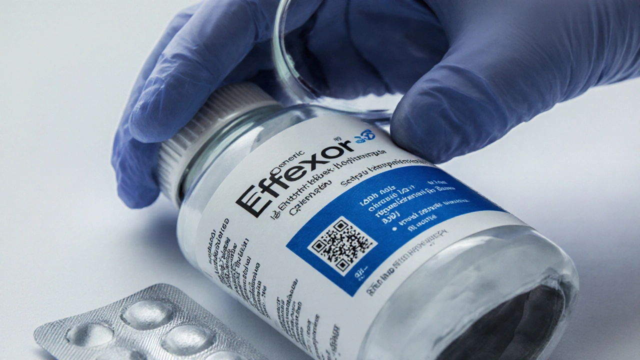 Lääkepakkauksen etiketti, eränumero ja QR‑koodi lähellä kameraa.