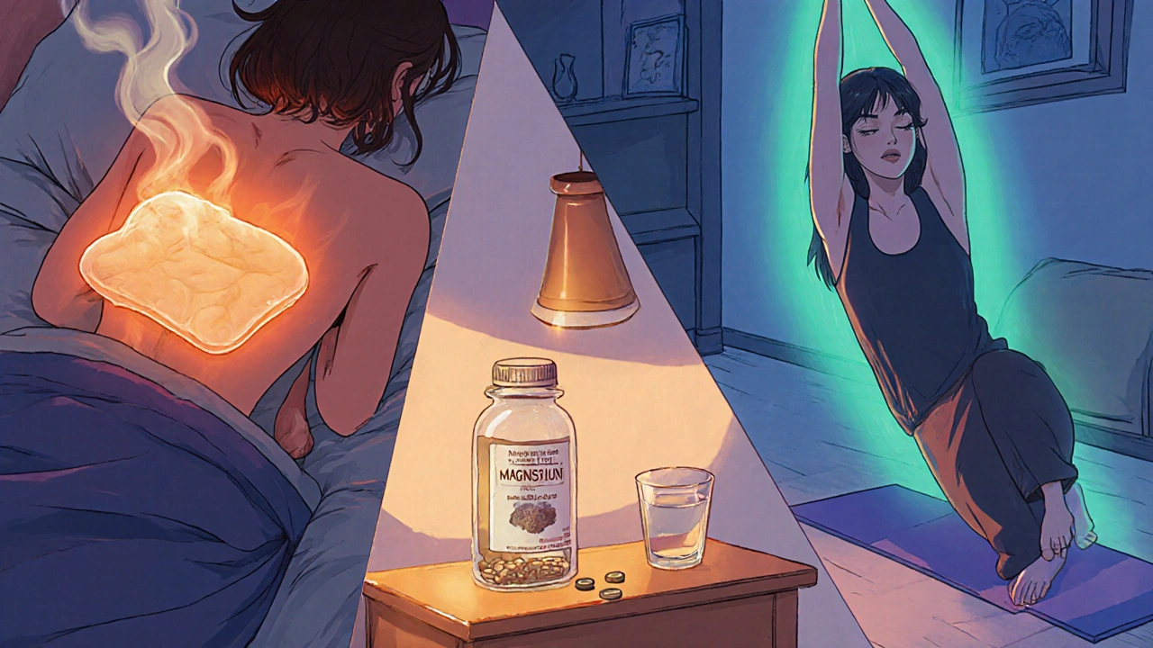 Lämmityspakkaus, magnesiumtabletit ja keveä jooga esitettyinä ennen nukkumaanmenoa.