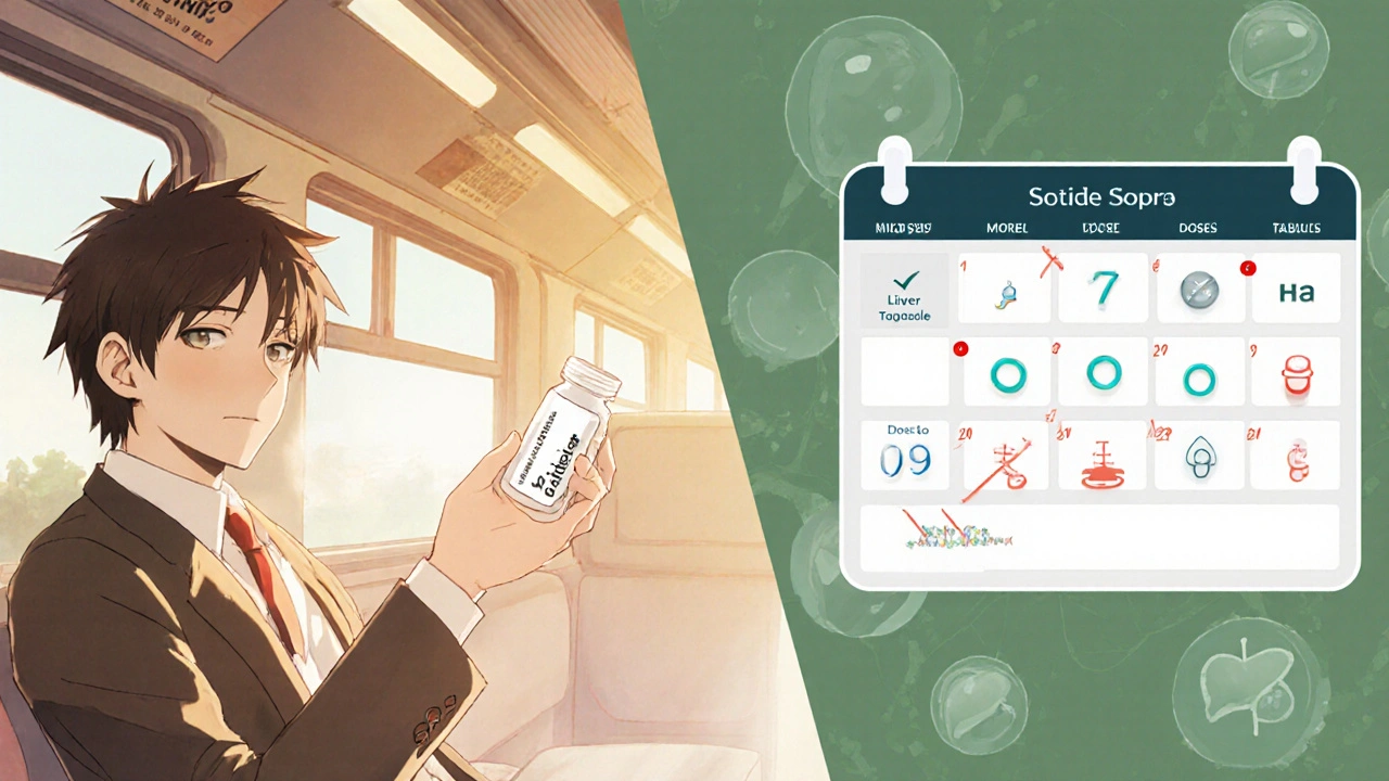 Matkustaja pitää yhtä Secnidazolin tablettaa, vieressä kalenteri, jossa useita annoksia.