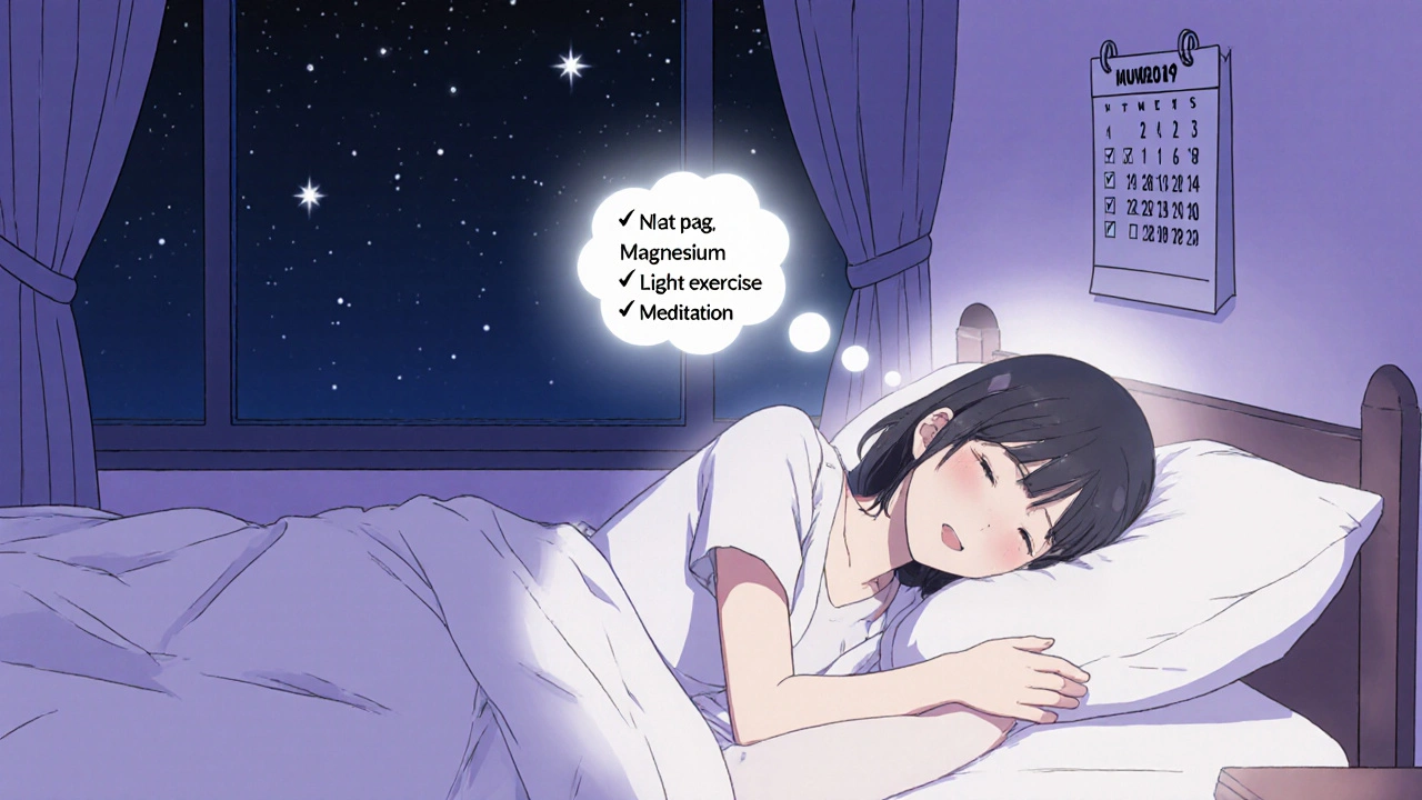Nainen nukkuu rauhallisesti, taustalla kalenteri ja tehtävälista muistuttaa kipu‑ ja univinkkejä.
