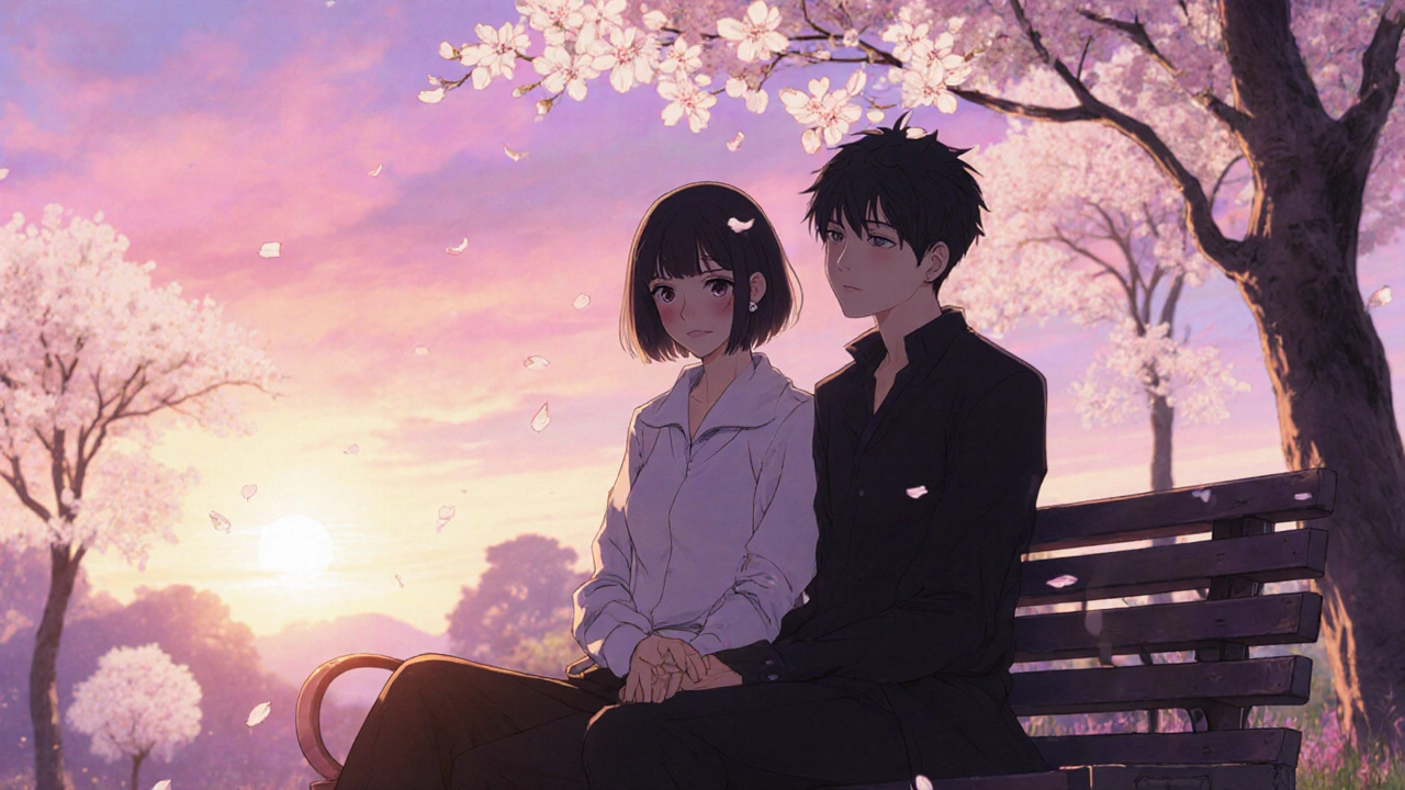 Pariskunta istuu puistossa auringonlaskussa, tukien toisiaan.