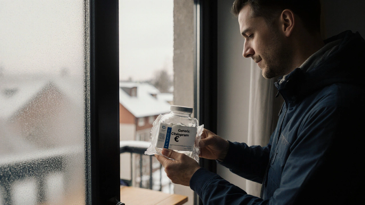 Postinjakaja toimittaa paketin, jonka sisällä on generinen Celexa.