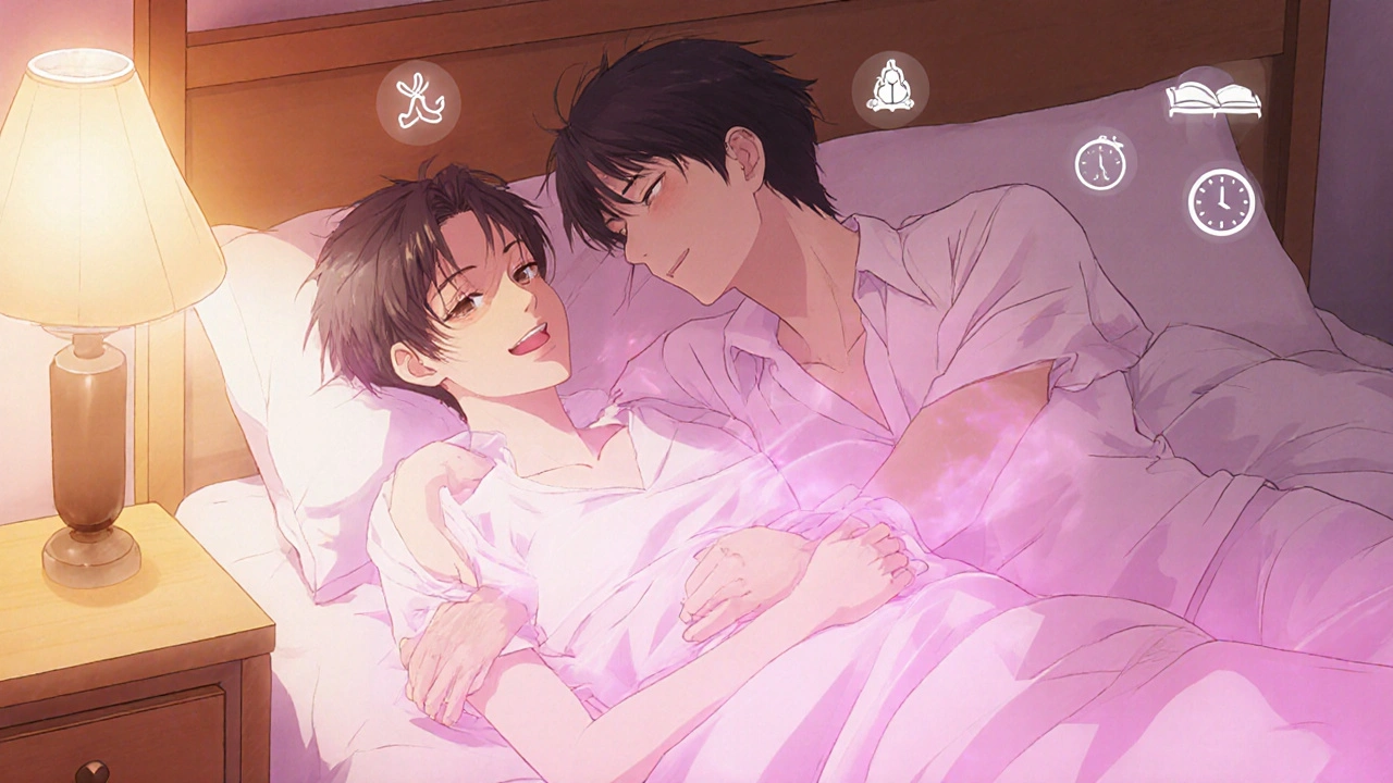 Rentoutunut pari hymyilee lämpimässä makuuhuoneessa.