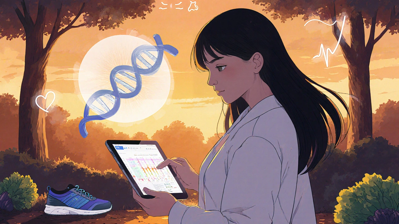 Vahva nainen tarkastelee terveystietoja ja periytyvyystietoja, taustalla auringonnousu.