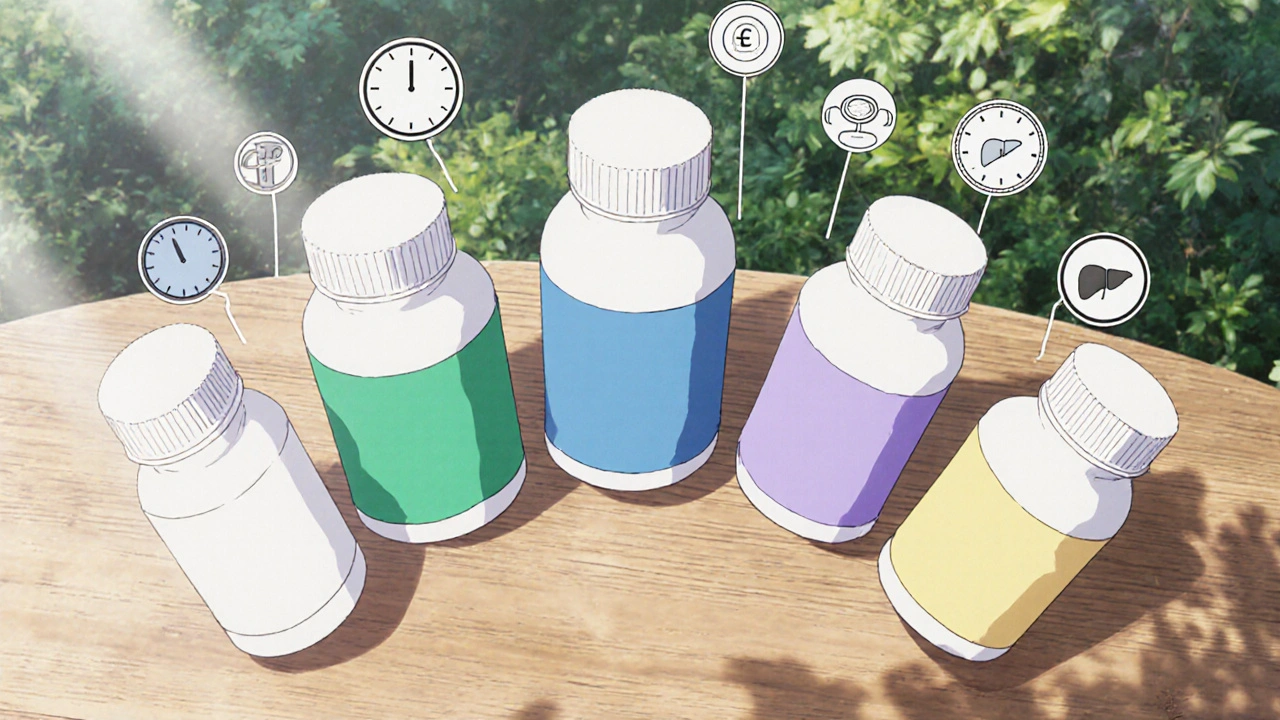 Viisi lääkepulloa ja symboliset ikonit peittävät puisen pöydän ulkona.