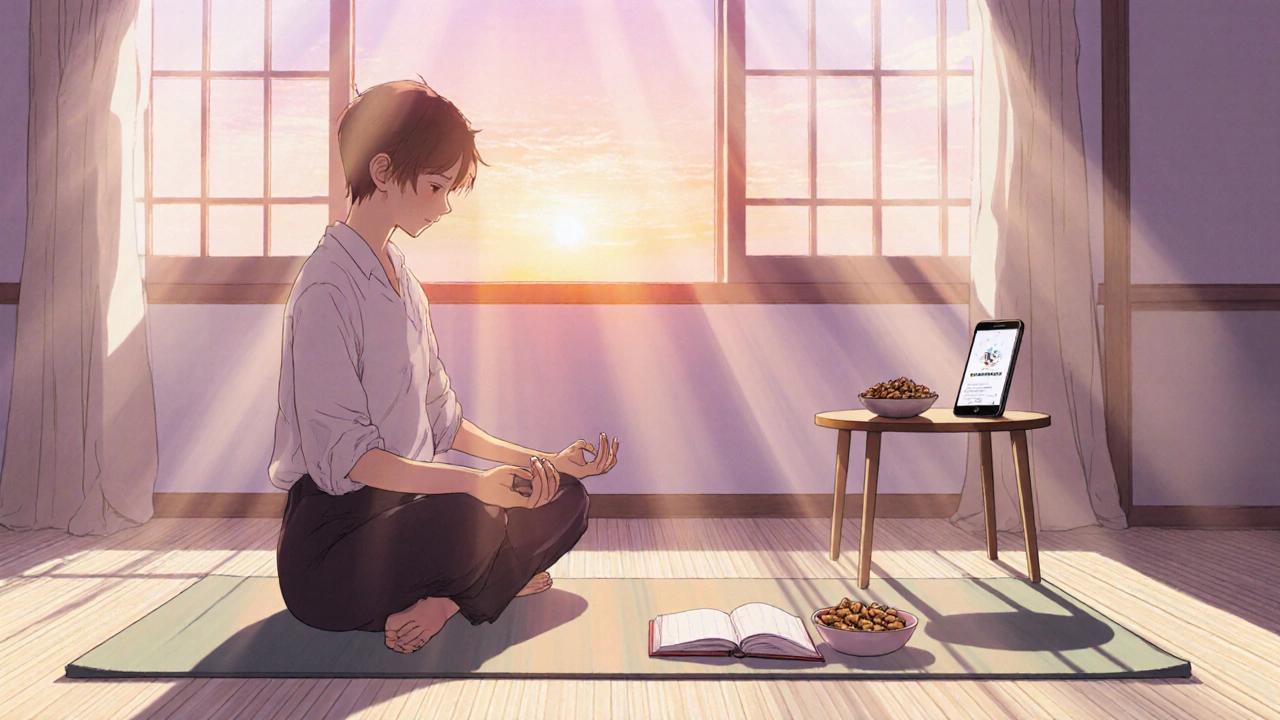 Aamuinen rentoutusrutiini: jooga, päiväkirja ja terveellinen välipala auringonvalossa.