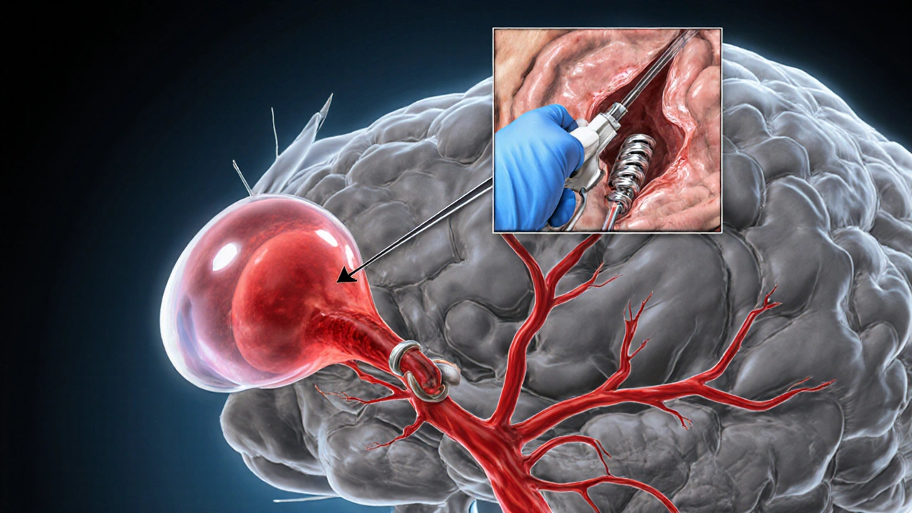 Aneurysma aivoissa, jossa nuoli näyttää leikkaus- ja kateteriterapiavaihtoehdot.
