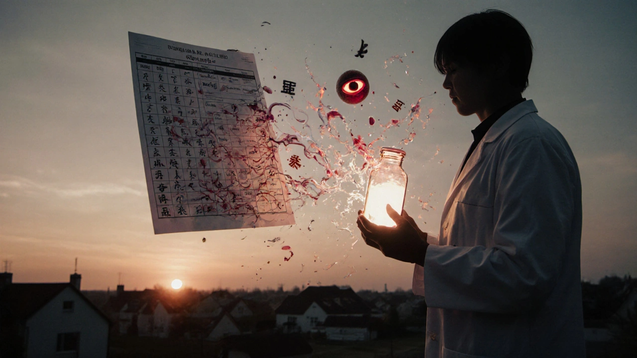 Antibioottipullon sisältö muuttuu vaaralliseksi bakteeriksi, taustalla suomalainen kaupunki.