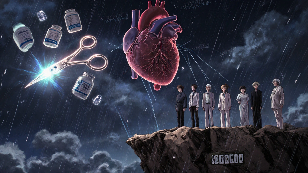 Erilaiset potilaat seisovat riskitekijöiden kallion reunalla, yläpuolella loistava sydän ja hoitovälineet.