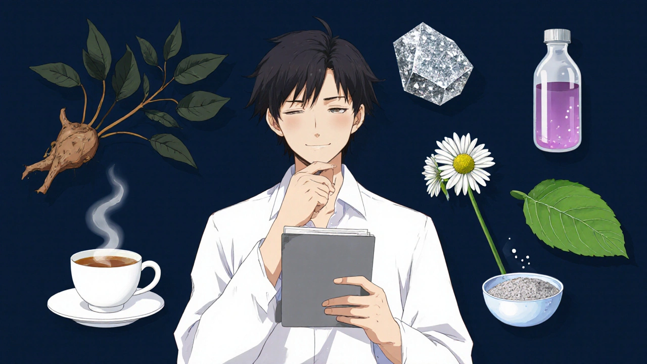 Erilaiset unilääkkeiden symbolit (valeriaana, magnesium, kamomilla, L‑teaani, 5‑HTP, glysiini) asetettu ympärille.