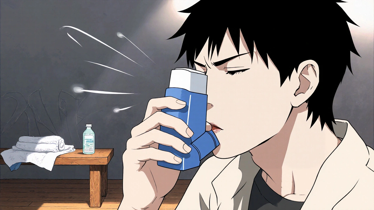 Henkilö käyttää beclomethasone‑inhalaattoria ennen lämmittelyä.