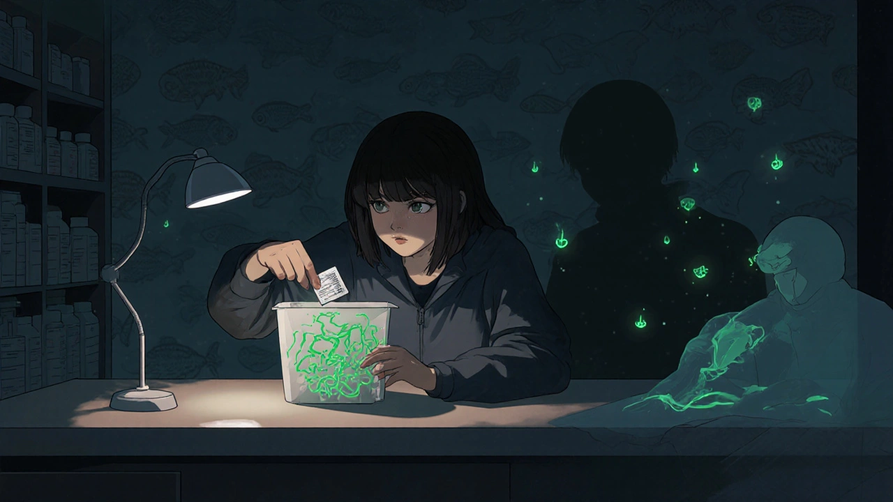 Ihminen laittaa käyttämättömiä tablettia lääkärin vastaanottoon, taustalla näkyy vesistöjen symbolinen vaikutus.