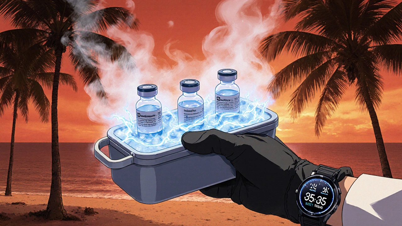 Insuliinipullot kylmäpakkauksessa, taustalla kuumuuden ja tropiikin vastakkainen ilmapiiri.