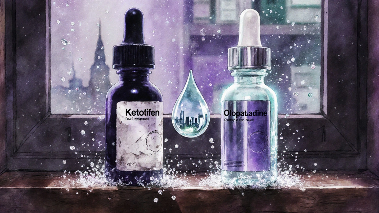 Kaksi erilaista silmätipapulloa ikkunalla, ympäröity pölyhiukkasilla ja kultaisella tiivisteenä.