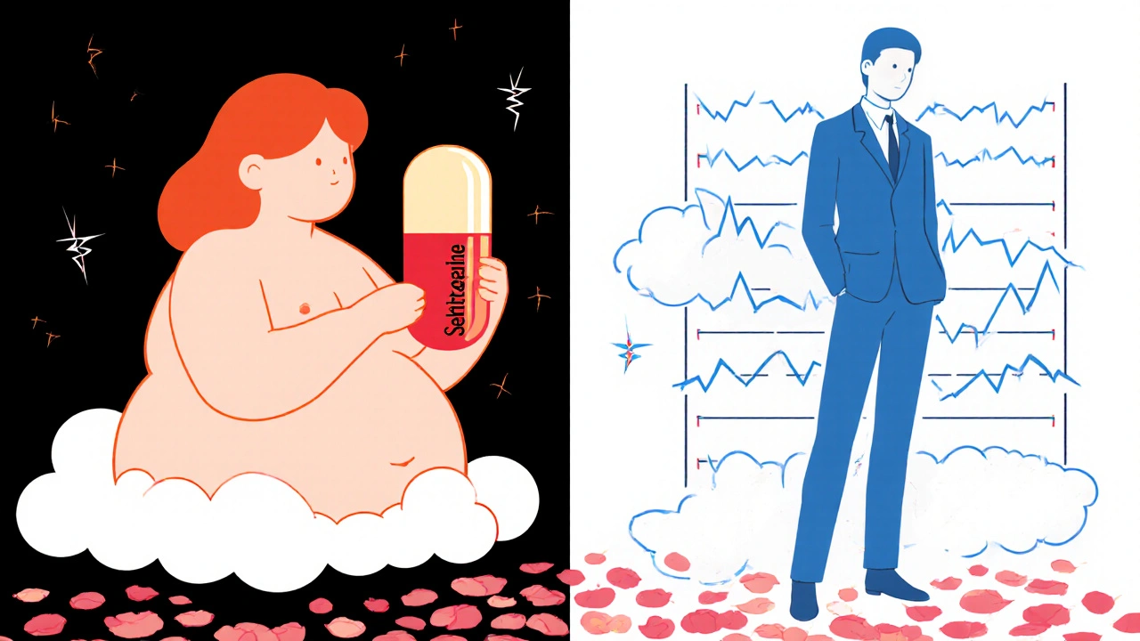 Kaksi hahmoa: toinen painonlisäyksen ja unen parantumisen kanssa, toinen ahdistuksen oireiden kanssa.