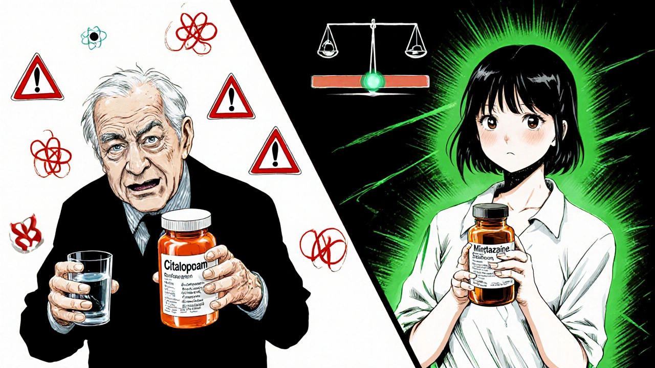 Kaksi potilasta: toinen SSRI-lääkkeellä riskissä, toinen turvallisella mirtazapiinilla.