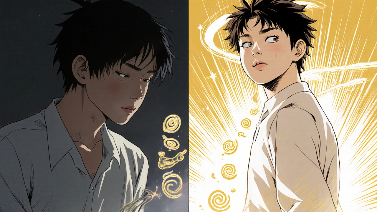 Kaksi versiota samasta potilaasta: toinen kärsii ripulista, toinen on toipunut ja nauttii elämästä.