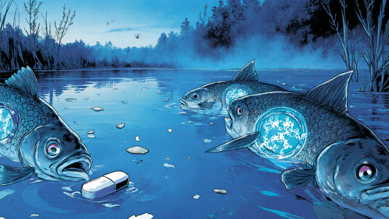 Kalat, joiden kehossa näkyy cefprozil-molekyylejä, uivat hiljaisessa järven pinnalla aamun valossa.