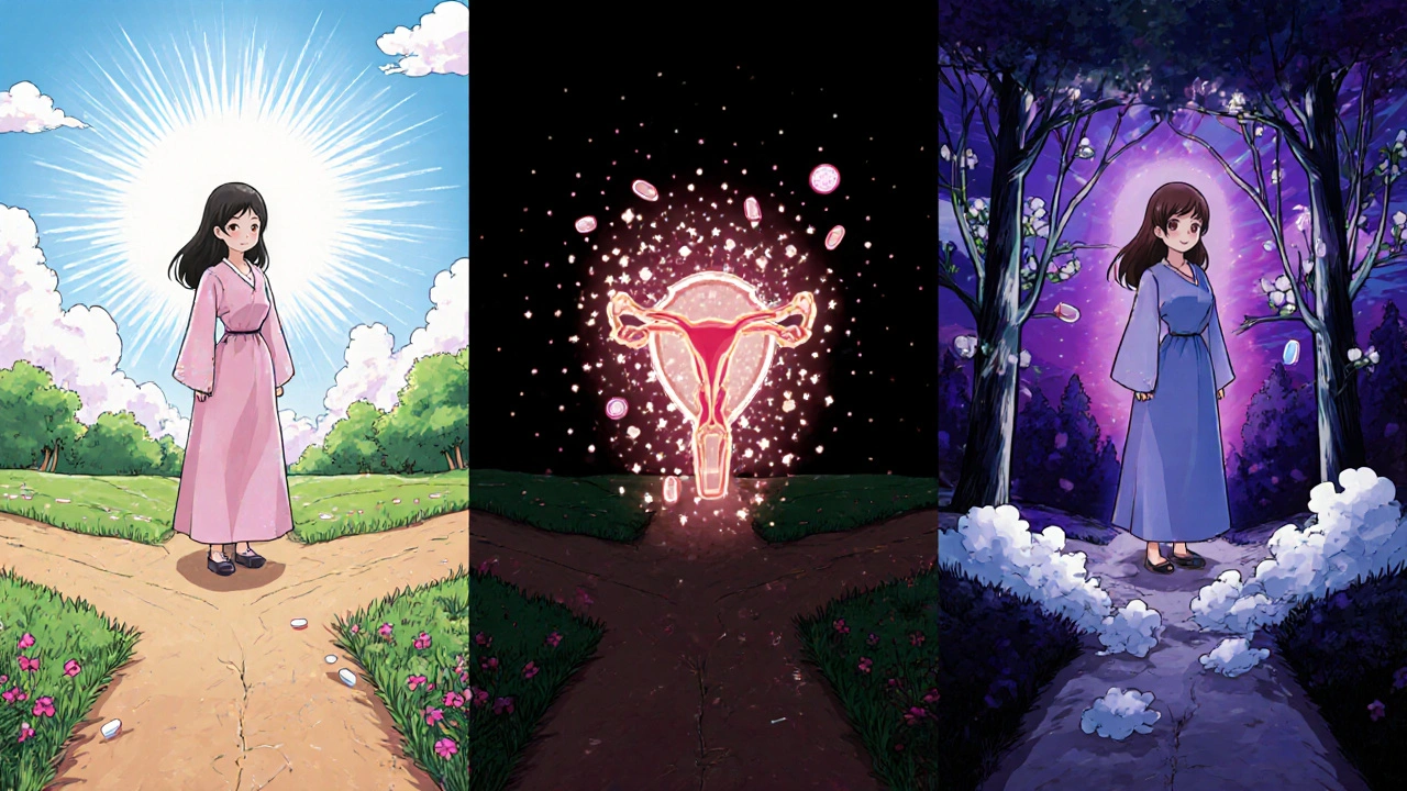 Kolme eri hoitopolkua PCOS-hoitoon: ehkäisy, medroxyprogesteroni ja elintavat.