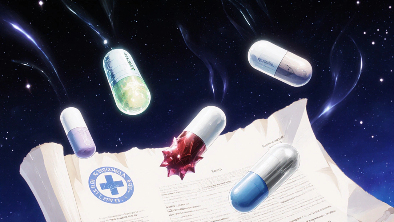 Kuusi antifungiaalilääkettä leijuu taustalla eri visuaalisina symboleina.