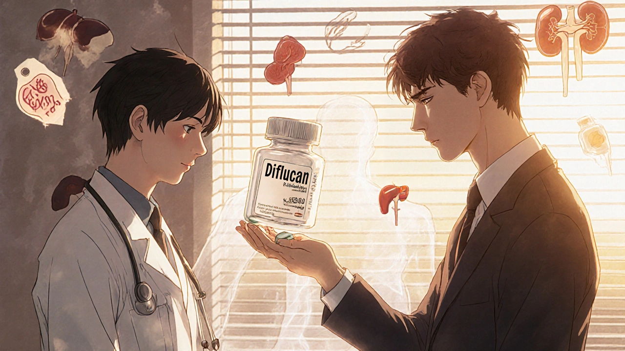 Lääkäri antaa generiikkilääkkeen potilaalle, Diflucan häviää taustalla.