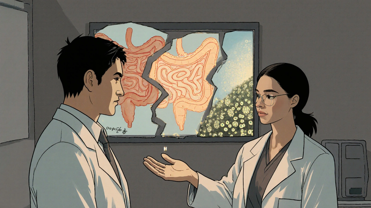 Lääkäri ja potilas keskustelevat, taustalla kolme aikajanaa: vaara, hoito ja terveys.