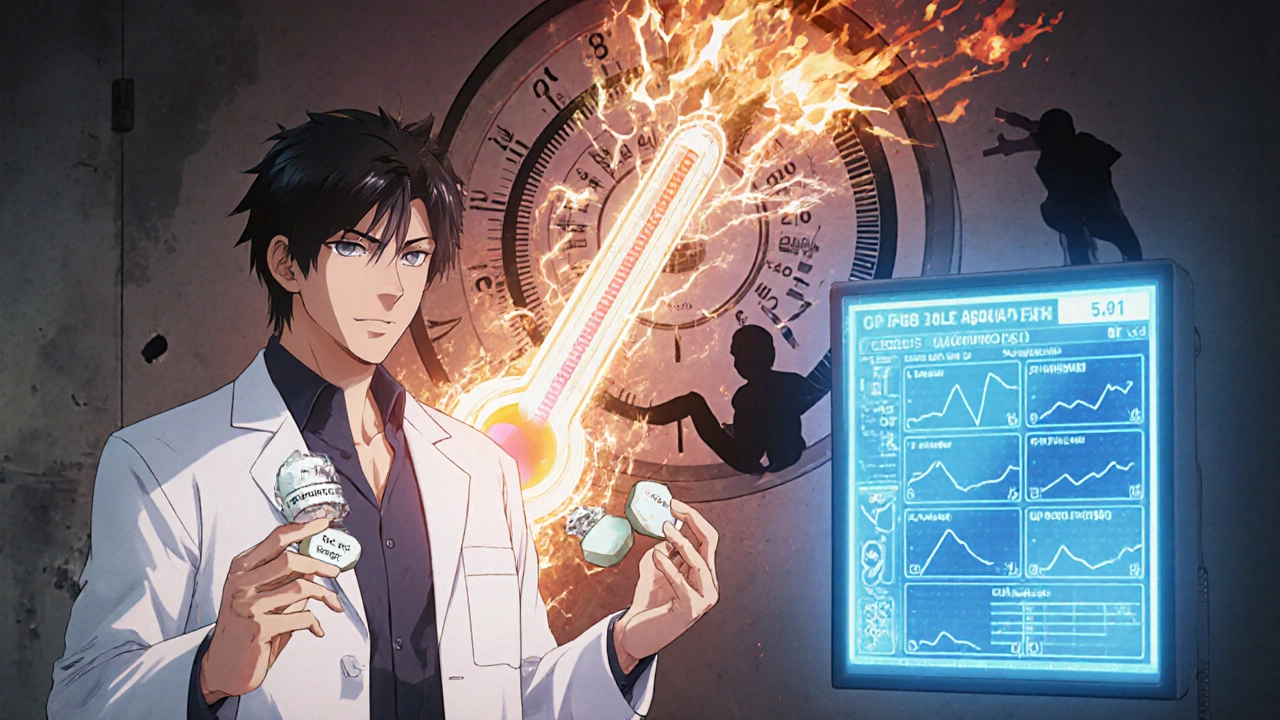 Lääkäri pitää kahdessa kädessään vaarallisia lääkkeitä, taustalla lämpötilan nousu ja turvallinen suunnitelma.