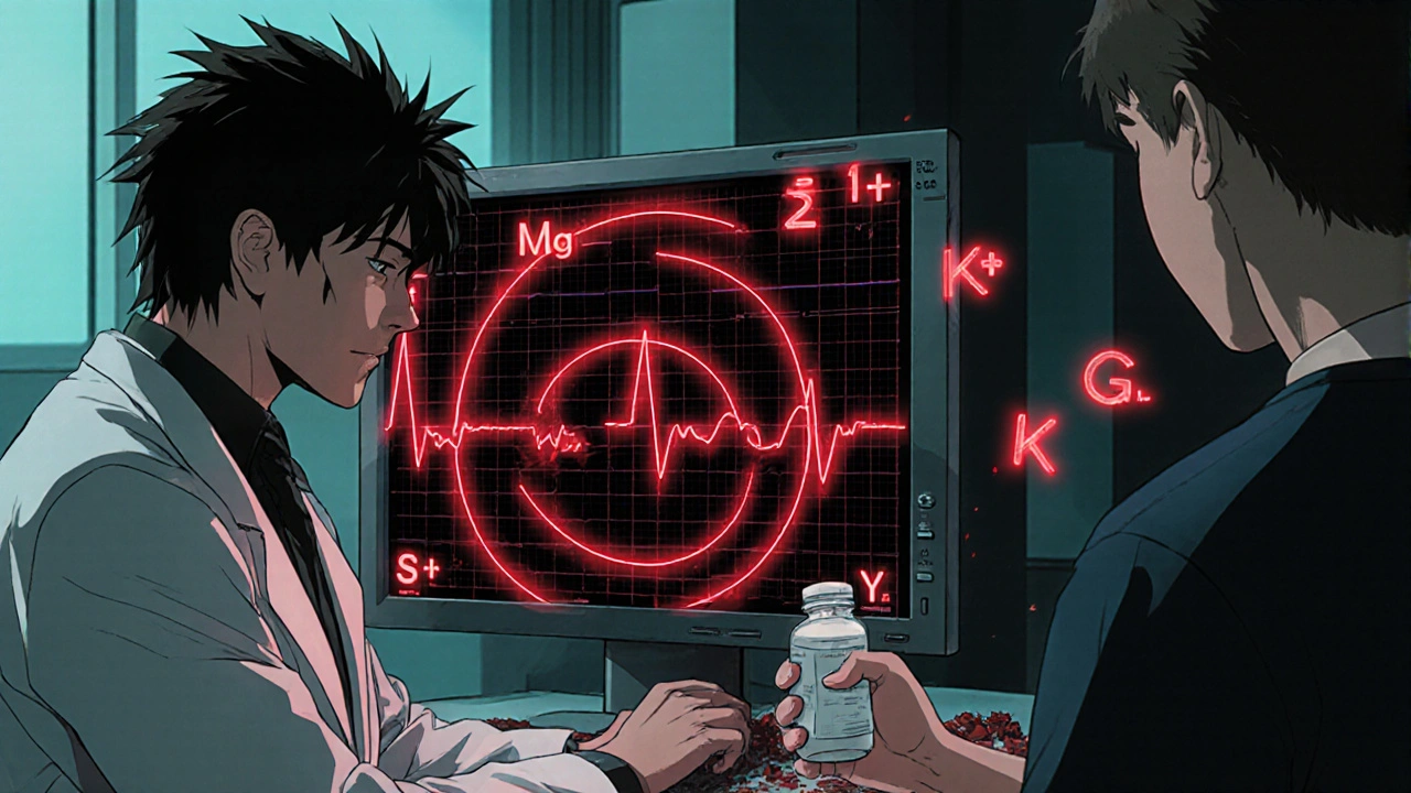 Lääkäri tarkastelee EKG:ta, jossa rytmihäiriö muotoutuu pyörteeksi, geenit loistavat taustalla.