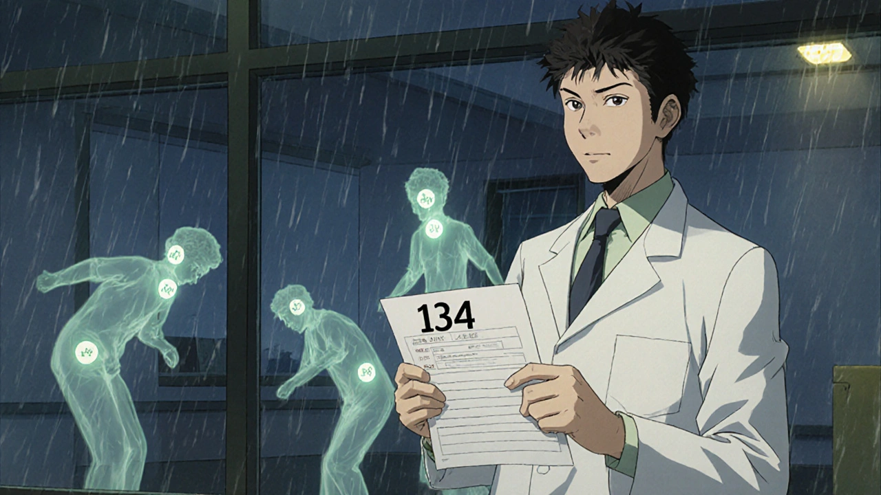 Lääkäri tarkastelee verikoeasia, taustalla näkymättömät uhrit SSRI-aiheisesta hyponatremiasta.