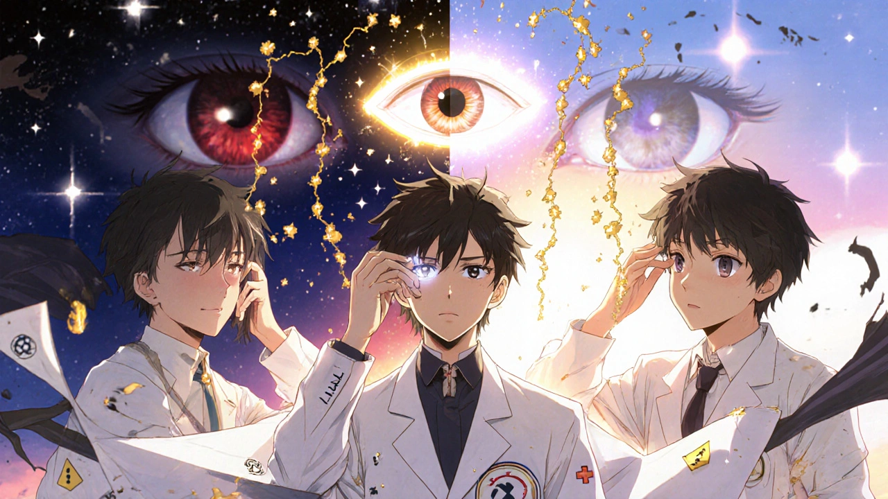 Lääkärin hengenohjaus opettaa oikeaa silmätipan käyttöä, histamiinihiukkaset hajoavat tähtien muotoon.