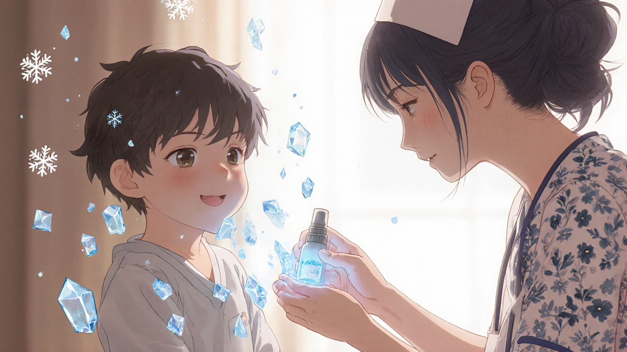 Lapsi saa kylmäspray&#039;n haavaan, jääkiteet leviävät ilmassa ja hoitaja hymyilee.